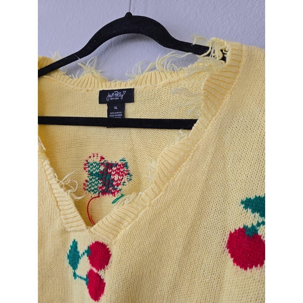 Just Polly Cherry Knit Sweater XL Distressed Y2K Grunge Yellow Fruit Oversized - Picture 2 of 8